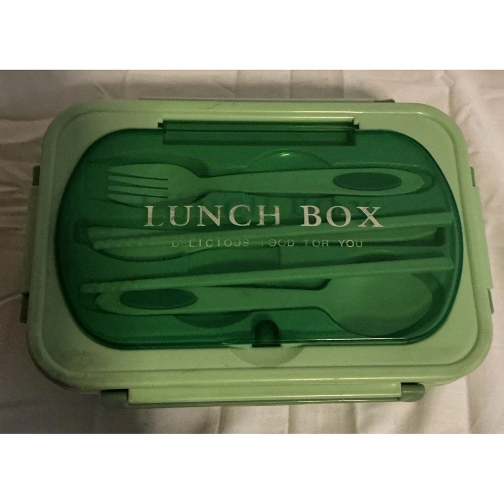 Lunch Box Avacado Green Plastic Utensils Chopsticks‎ Fork Knife Spoon Snap Sides